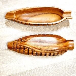 Mid Century Set Of 2 Wooden Corn Dishes Trays Carved Wood